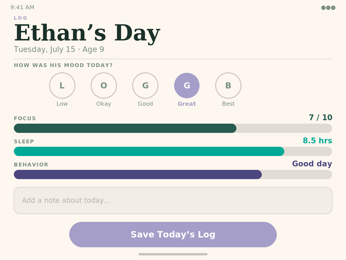 Atlas app daily log screen - tracking mood, focus, and sleep